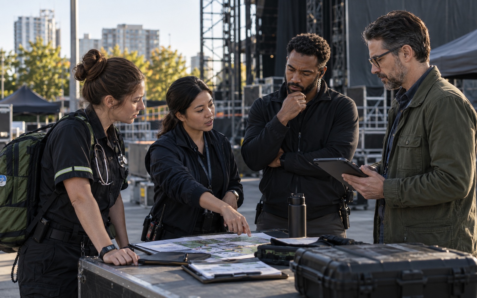 Four operational professionals coordinating before an assignment
